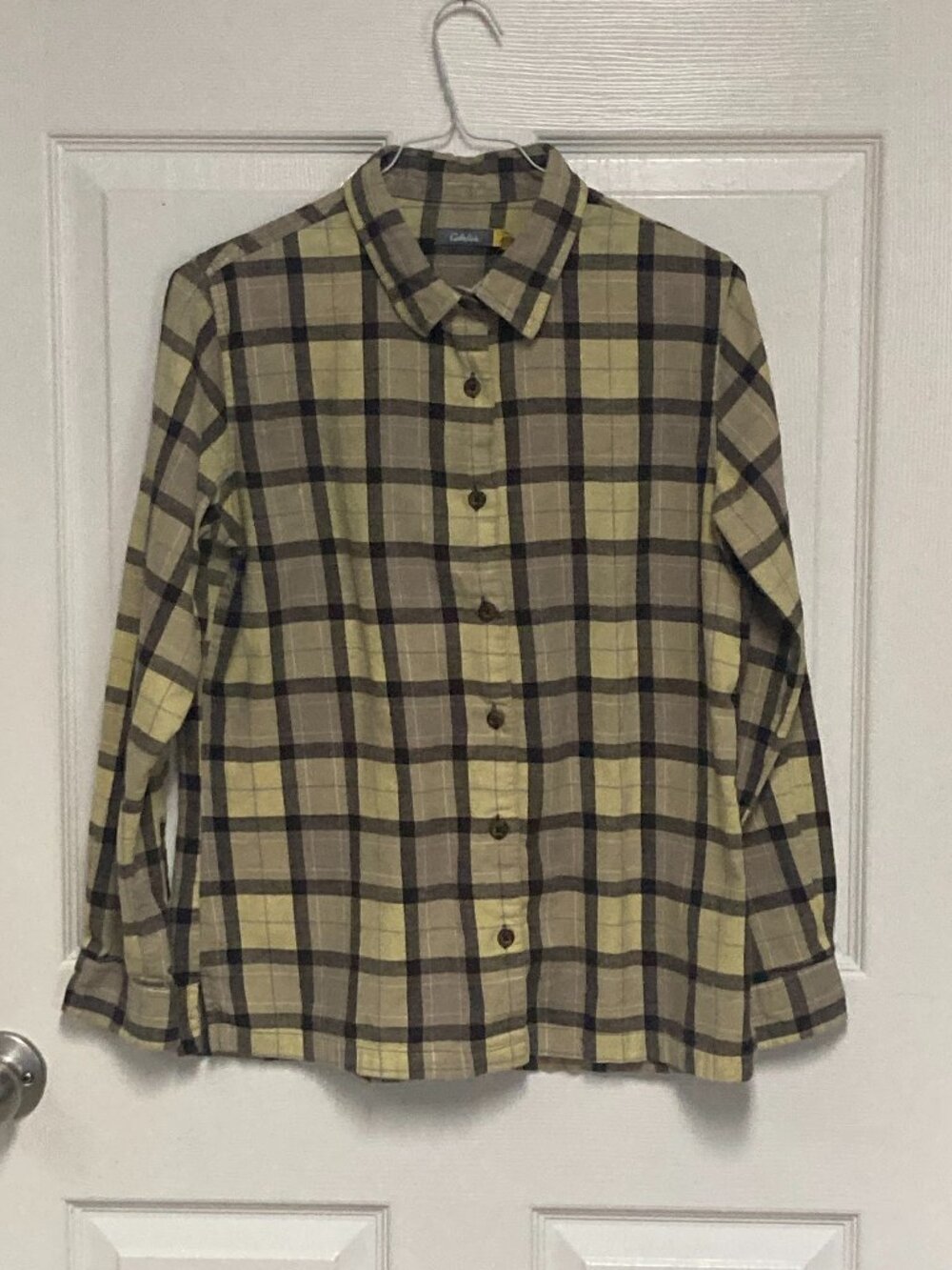 Cabela's flannel shirt women's yellow and brown plaid sze small
